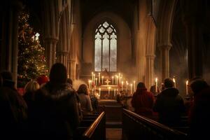ai generativ förtjusande bild av en kyrka midnatt jul service foto