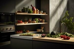 ai generativ bild av modern kök med vegetabiliska på kök tabell foto