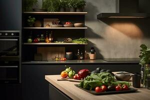 ai generativ bild av modern kök med vegetabiliska på kök tabell foto