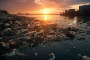 solnedgång över förorenad kustlinje avslöjar miljö- skada ai generativ foto