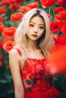 skön asiatisk flicka med blond hår i blomma trädgård ai generativ foto
