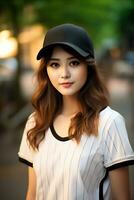 porträtt av söt charm ung asiatisk ha på sig tillfällig utrusta ai generativ foto