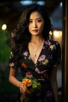 skön asiatisk flicka bär sensuell klänning i blomma trädgård ai generativ foto
