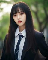 ai generativ skön asiatisk flicka bär svart kostym skjorta och slips foto