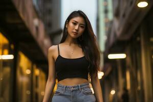 skön asiatisk flicka på trandy tillfällig utrusta ai generativ foto