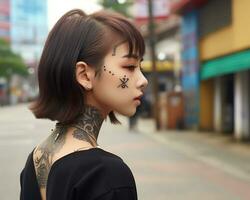 glad koreanska flicka med tatuering leende till kamera ai generativ foto