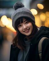 en glad koreanska flicka bär luvtröja och sticka hatt ai generativ foto