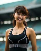 skön leende asiatisk flicka idrottare i sporter arena ai generativ foto