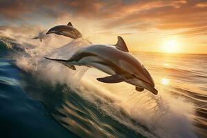 delfin Hoppar på solnedgång i de hav ai generativ foto