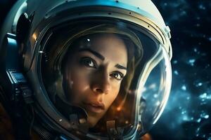 en skön kvinna i en Plats kostym ser ut till de rymdskepp fönster ai generativ foto
