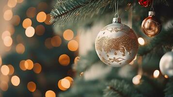 jul träd gren med skinande ornament och lampor ai generativ foto