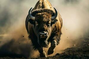 i en närbild se, en vild bison galopperar med majestätisk styrka ai genererad foto