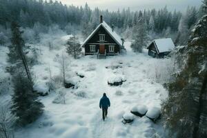 man mitt i svenska vinter- stugor, som sett från en Drönare ai genererad foto