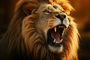 porträtt av en majestätisk manlig lejon i en rytande, kunglig utgör ai genererad foto