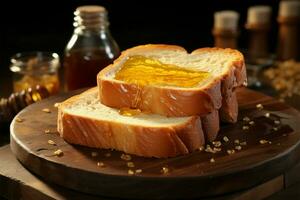 skivor av bröd i de kök, Utsmyckad med ljuv, bärnsten honung ai genererad foto
