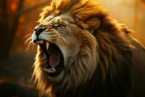 de djungler våldsam och majestätisk lejon låter ut en dånande ryta ai genererad foto