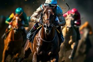 spännande häst tävlings, jockeys och hästar konkurrera för leda placera ai genererad foto
