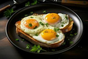 två perfekt friterad ägg nåd de frukost tallrik för en tillfredsställande måltid ai genererad foto