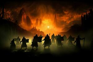 krigare kollidera i en månljus medeltida krock, silhouetted mot dimma ai genererad foto