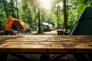 obygd lugn trä- tabell nära suddig skog tält och camping ai genererad foto