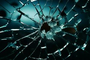 cirkulär frakturer från kulor strejk i krossade fönsterruta ai genererad foto