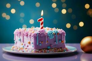 färgrik bakgrund ramar 1:a år födelsedag kaka, glatt isolerat ai genererad foto
