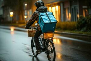 leverans man på en cykel med termisk väska, stad gata ai genererad foto