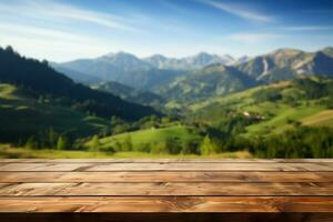 färsk och avkopplande landskap trä- tabell atop suddig bergen och gräs ai genererad foto
