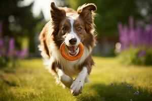 trädgård Träning session med en livlig brun gräns collie hund ai genererad foto