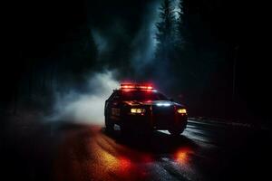 i de mörk och dimmig natt, en polis bil ger jaga ai genererad foto