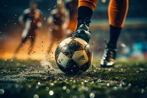 intensiv stänga upp fotboll spelare fot skickligt manipulerar de boll, stadion ai genererad foto