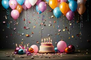 glad födelsedag bakgrund Utsmyckad med ballonger, kaka, och belyst ljus ai genererad foto