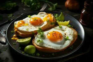 morgon- måltid funktioner utsökt friterad ägg eras på en frukost tallrik ai genererad foto