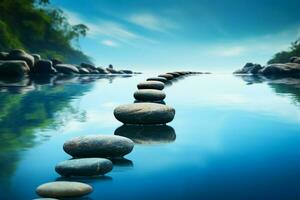 stepping stenar i lugna blå vatten framkalla en fredlig zen atmosfär ai genererad foto