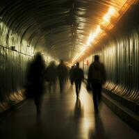 morgon- rusa pendlare hustling genom de järnväg tunnel till arbete ai genererad foto