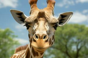stänga upp giraff porträtt, framställning öga Kontakt från utanför de hus ai genererad foto