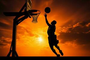 upphöjd basketboll spelare silhuett slingor ett förvånande mitten luft hoppa ai genererad foto