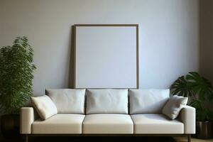 minimalistisk ram attrapp affisch pryder de levande rum soffa, vit vägg ai genererad foto