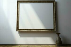 minimalistisk årgång ram attrapp pryder en vit vägg i ett konst Galleri ai genererad foto