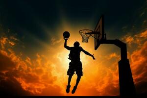 silhouetted basketboll spelare svävar hög i ett imponerande, dynamisk hoppa ai genererad foto