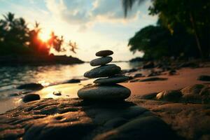 tropisk lugn klippig strand, färgrik solnedgång, fredlig havsstrand på skymning ai genererad foto