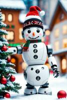festlig vinter- glädje, söt snögubbe robot mitt i glittrande bokeh, ai genererad foto