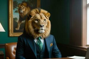 kunglig lejon i lyx kontor, stock Foto, ai genererad foto