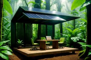 eco oas, hållbar kontor i vibrerande regnskog med sol- kraft, ai genererad foto