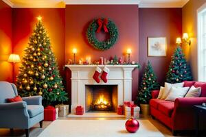 värma öppen spis atmosfär och lysande ornament för jul, ai genererad foto