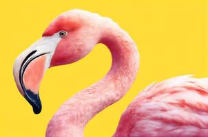 graciös rosa flamingo på solig gul, ai genererad foto