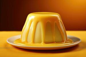 en pudding med gul sås på en tallrik foto
