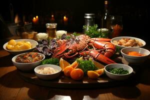 restaurang tabell med skaldjur meny reklam mat fotografi foto