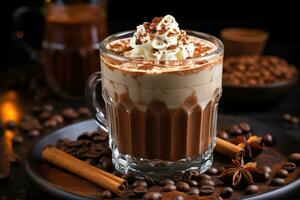 en glas av varm choklad i vinter- reklam mat fotografi foto