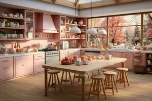 modern trä och rosa kök professionell reklam fotografi ai genererad foto